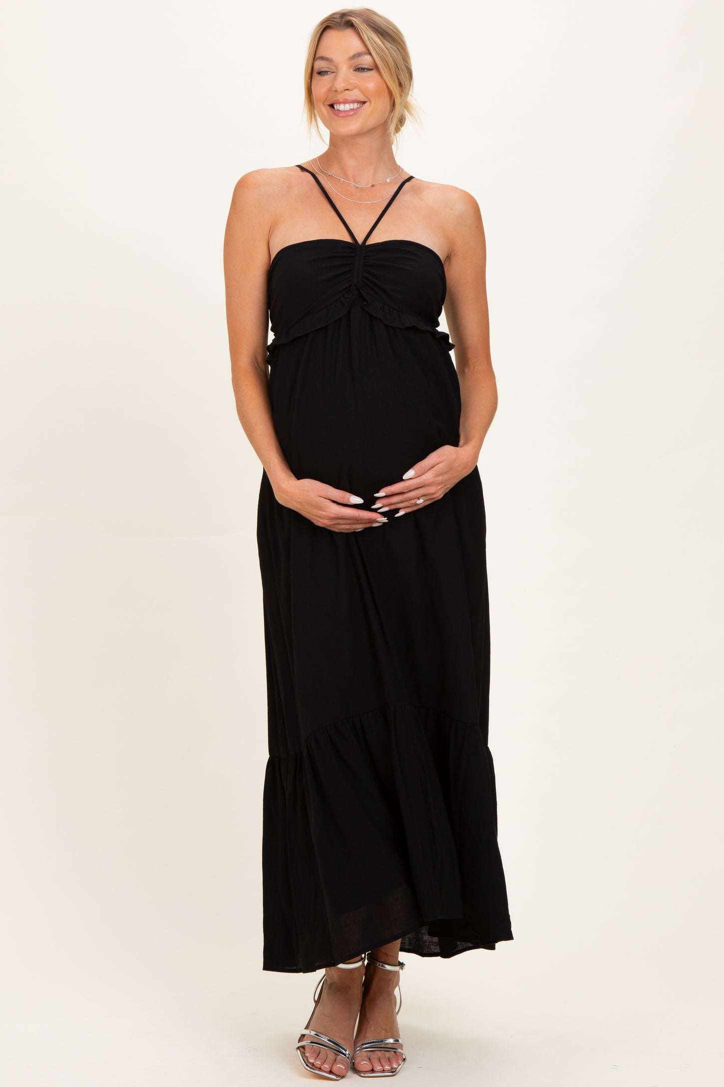 Black Halter Neck Tiered Cutout Maternity Maxi Dress