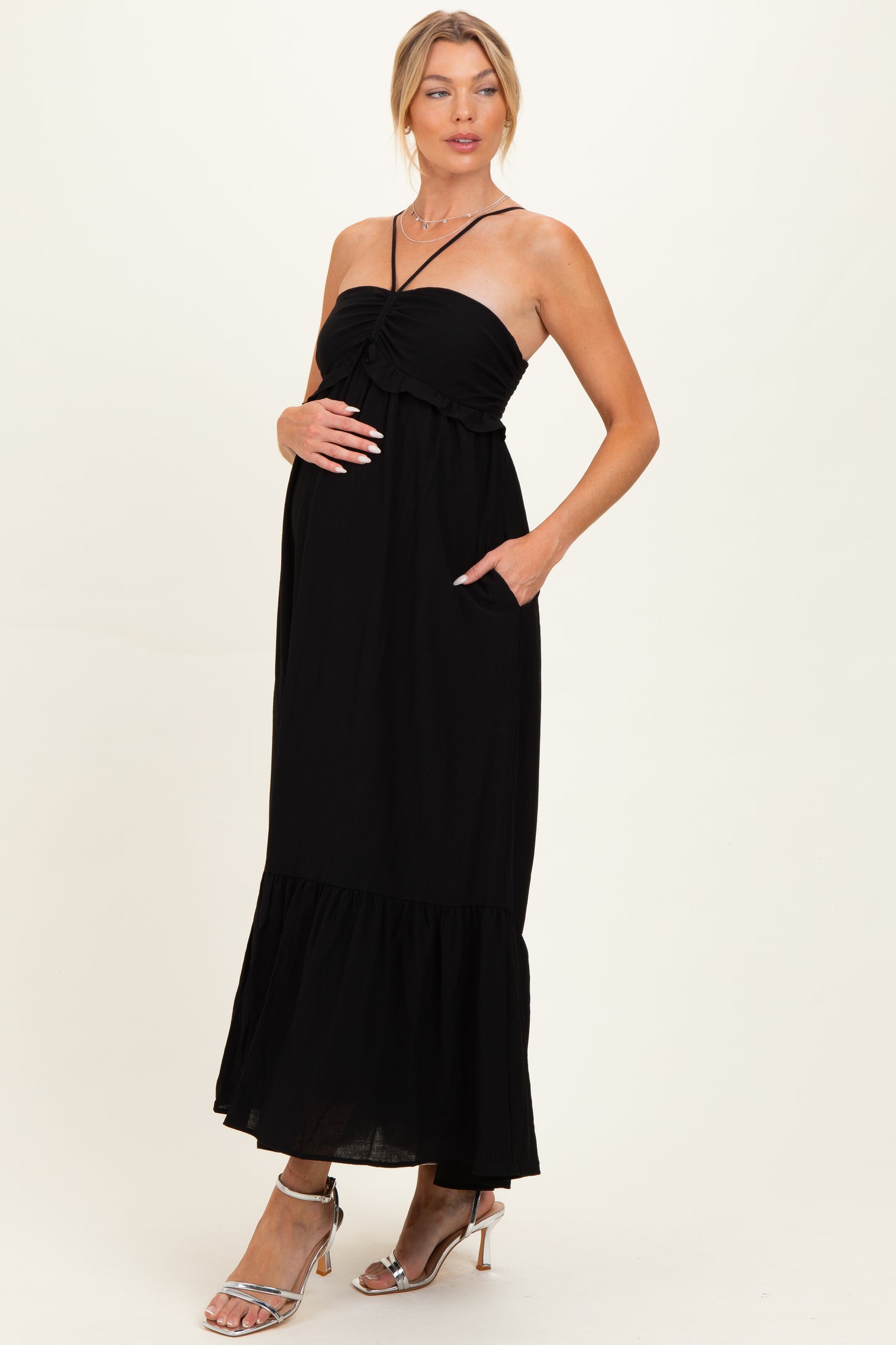 Black Halter Neck Tiered Cutout Maternity Maxi Dress