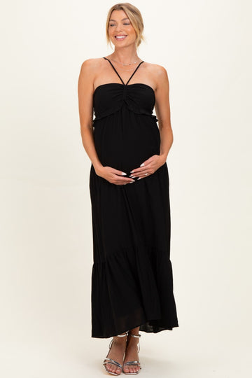 Black Halter Neck Tiered Cutout Maternity Maxi Dress