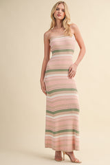 Pink Multi Striped Strapless Flare Maxi Dress