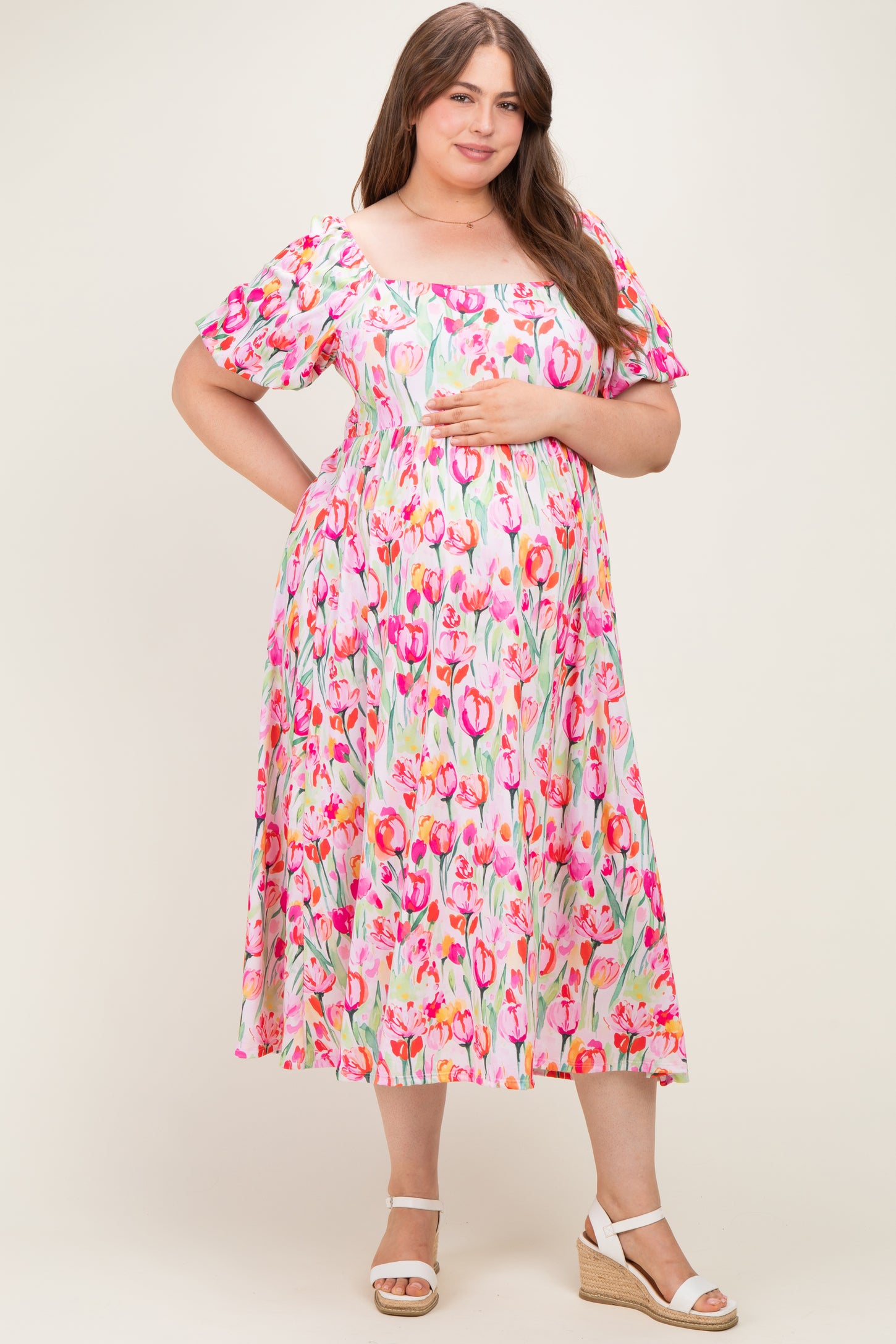 Pink Floral Square Neck Babydoll Plus Maxi Dress