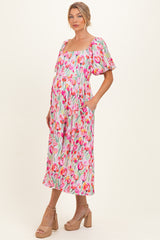 Pink Floral Square Neck Babydoll Maternity Maxi Dress