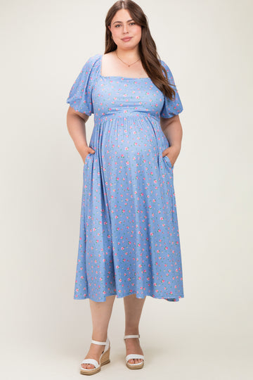 Light Blue Floral Bubble Short Sleeve Babydoll Plus Maternity Dress