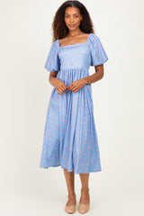 Light Blue Floral Bubble Short Sleeve Babydoll Dress