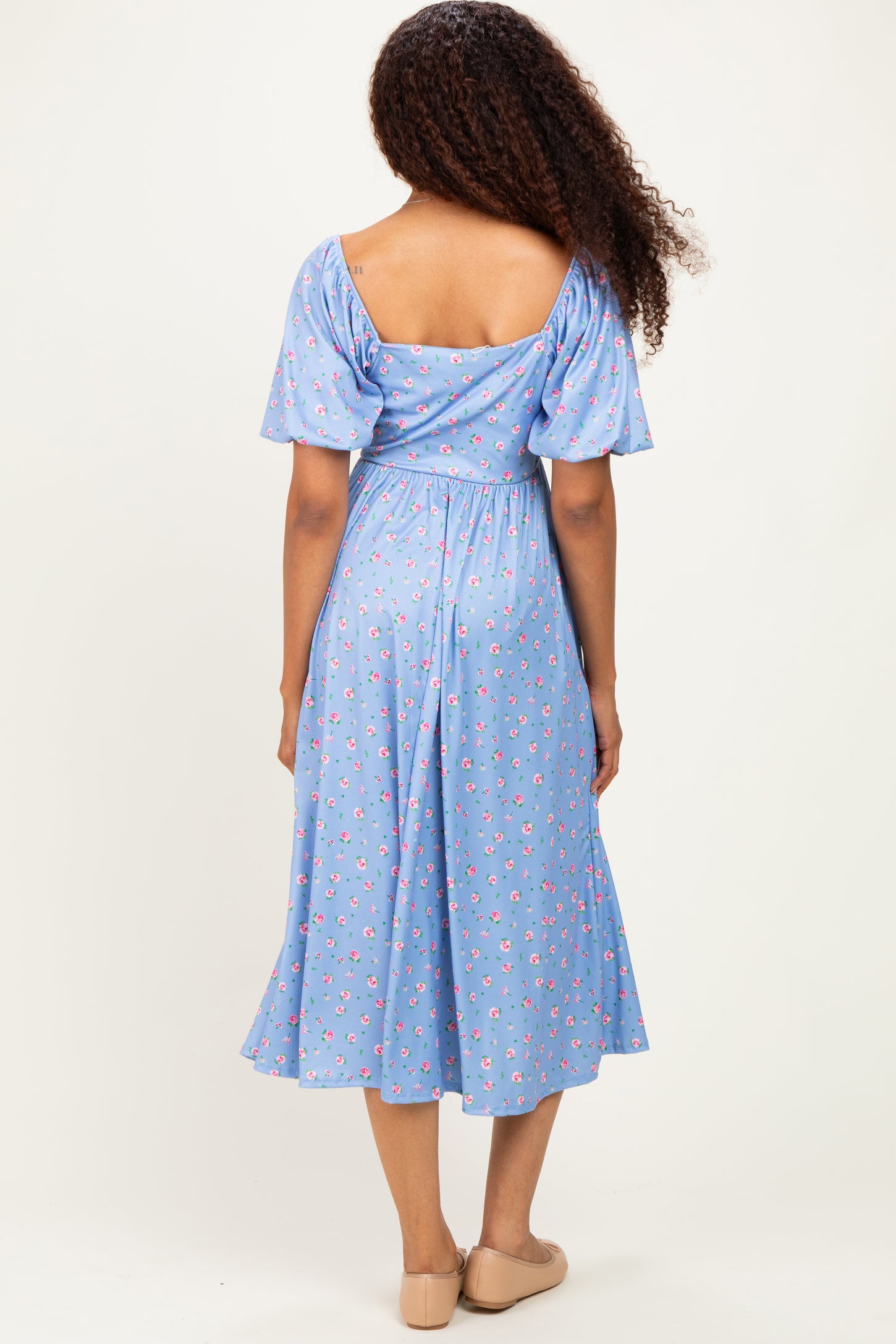 Light Blue Floral Bubble Short Sleeve Babydoll Dress