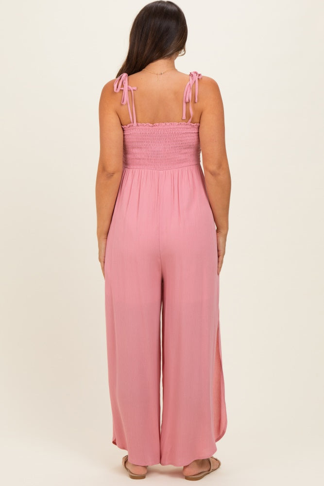 Mauve Smocked Wide Leg Adjustable Strap Maternity Jumpsuit