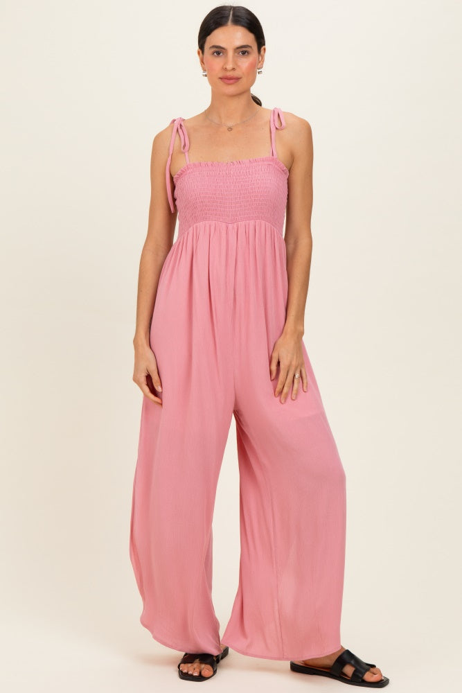 Mauve Smocked Wide Leg Adjustable Strap Maternity Jumpsuit