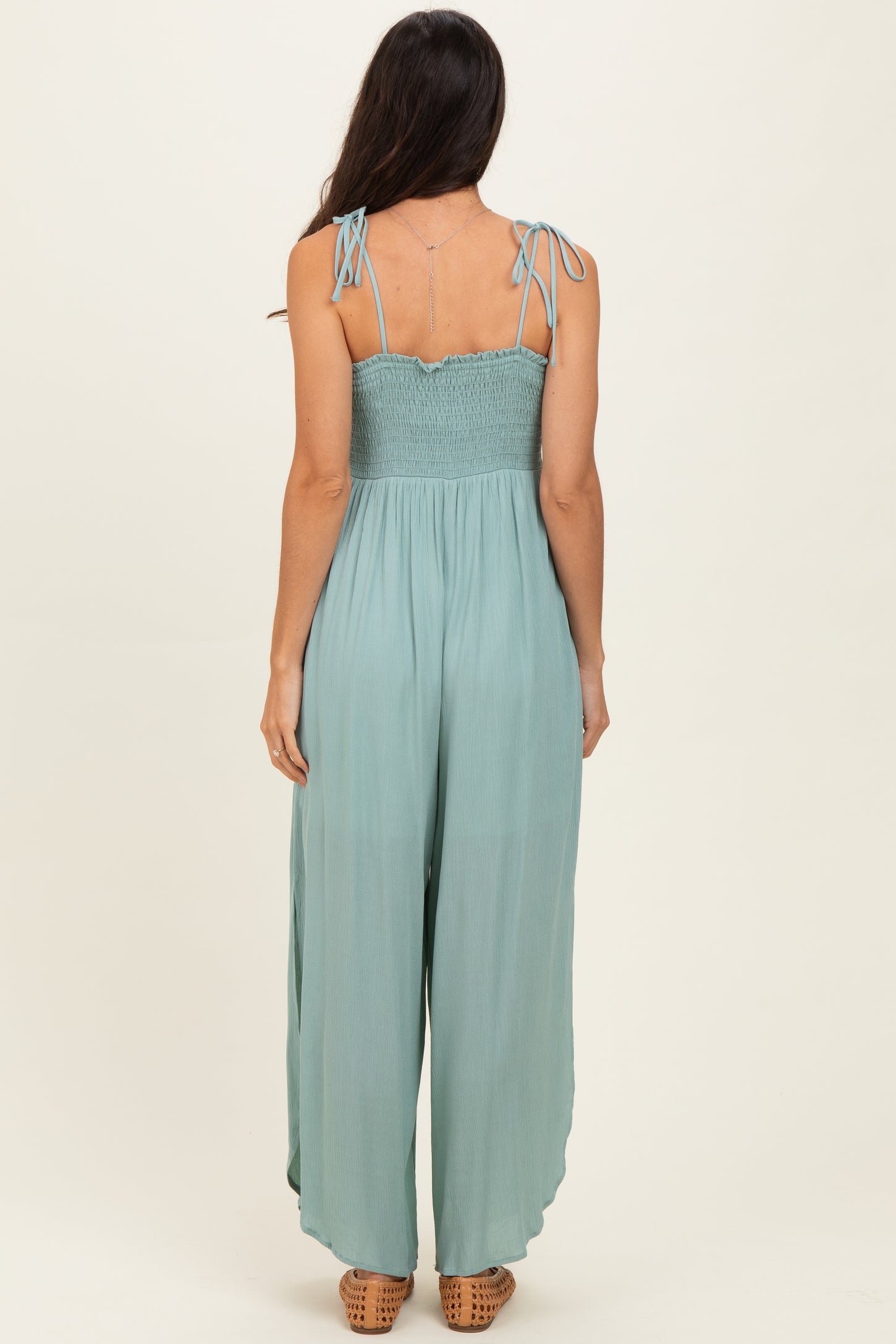 Sage Smocked Wide Leg Adjustable Strap Jumpsuit