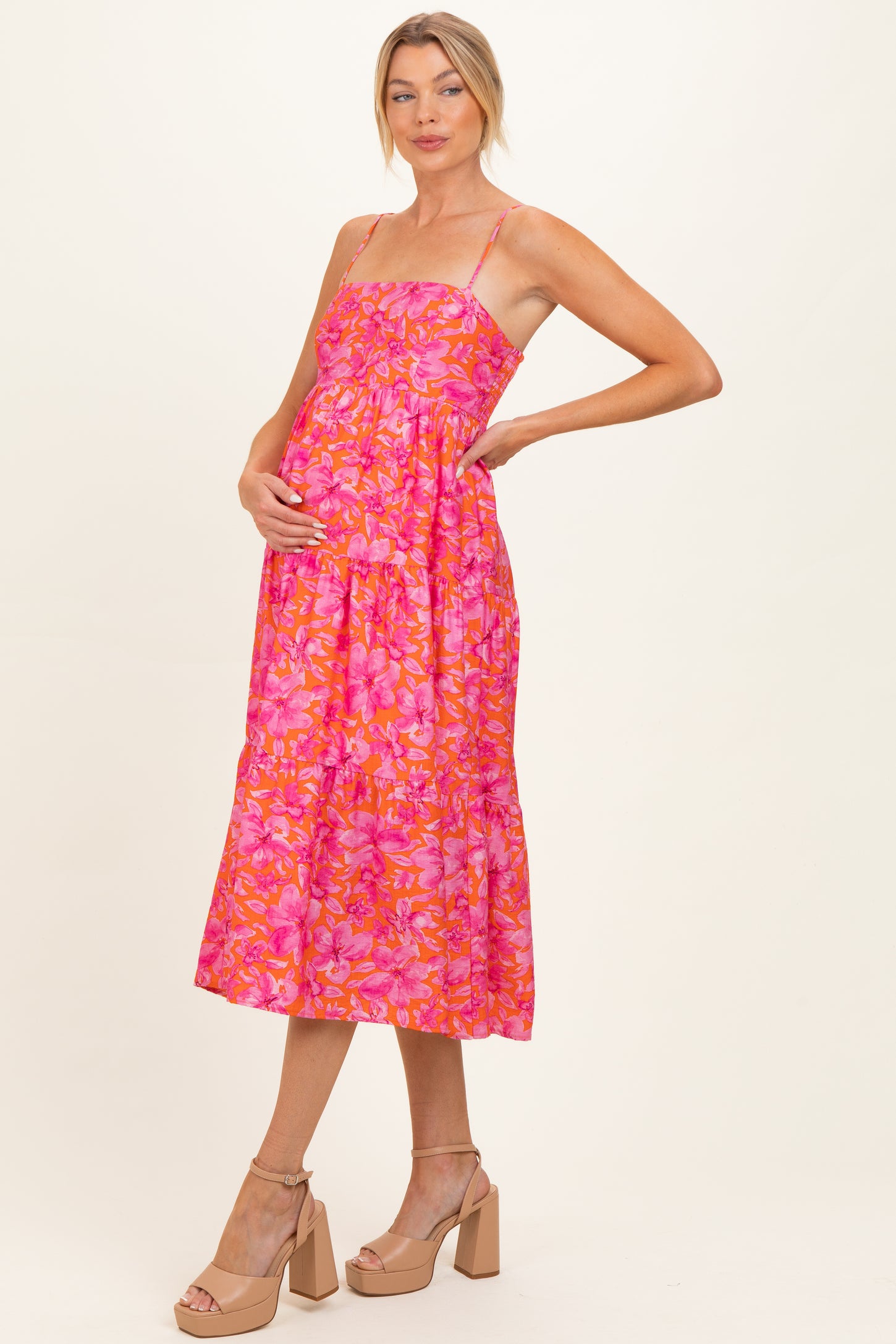 Fuchsia Floral Sleeveless Tiered Maternity Midi Dress