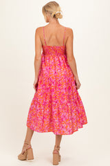 Fuchsia Floral Sleeveless Tiered Maternity Midi Dress