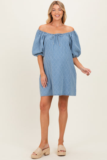 Light Blue Chambray Jacquard Puff Sleeve Maternity Mini Dress