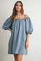Light Blue Chambray Jacquard Puff Sleeve Mini Dress