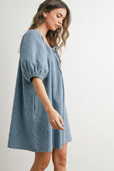 Light Blue Chambray Jacquard Puff Sleeve Mini Dress