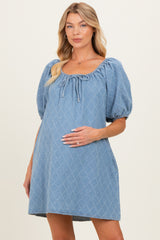 Light Blue Chambray Jacquard Puff Sleeve Maternity Mini Dress