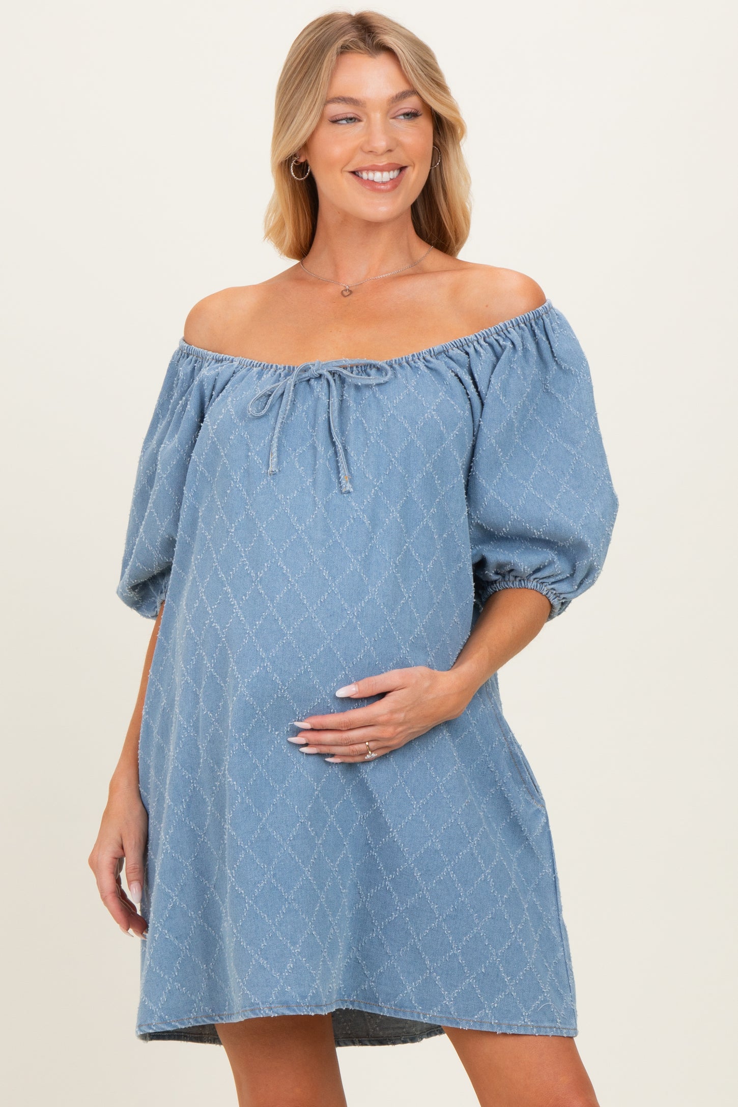 Light Blue Chambray Jacquard Puff Sleeve Maternity Mini Dress