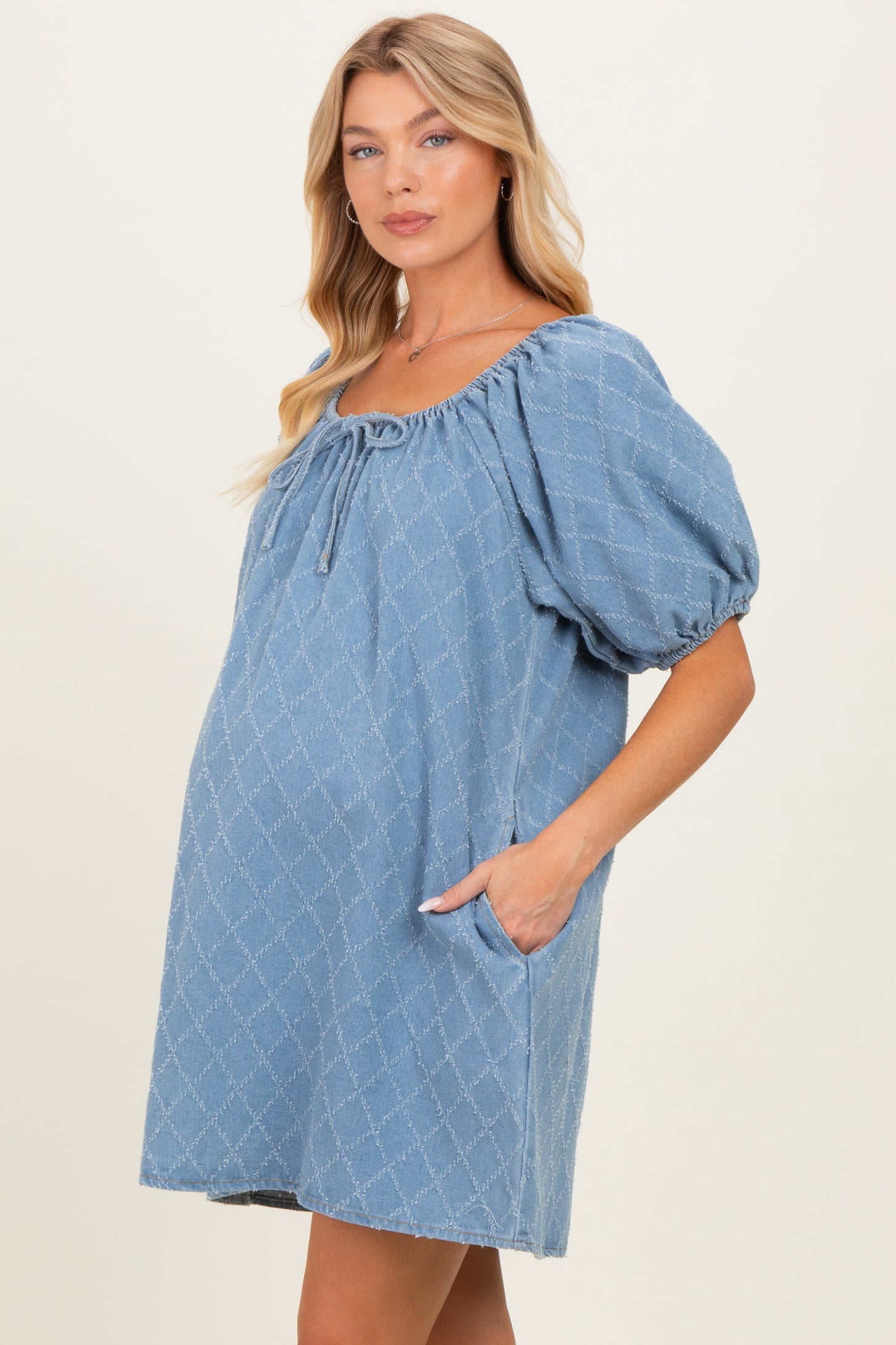 Light Blue Chambray Jacquard Puff Sleeve Maternity Mini Dress