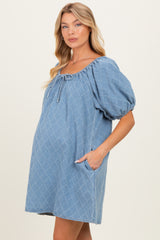 Light Blue Chambray Jacquard Puff Sleeve Maternity Mini Dress