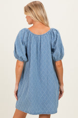 Light Blue Chambray Jacquard Puff Sleeve Maternity Mini Dress