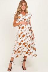 Brown Floral Button Detail Maternity Midi Dress