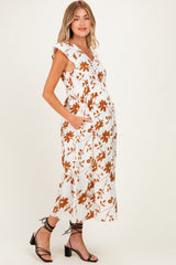 Brown Floral Button Detail Maternity Midi Dress