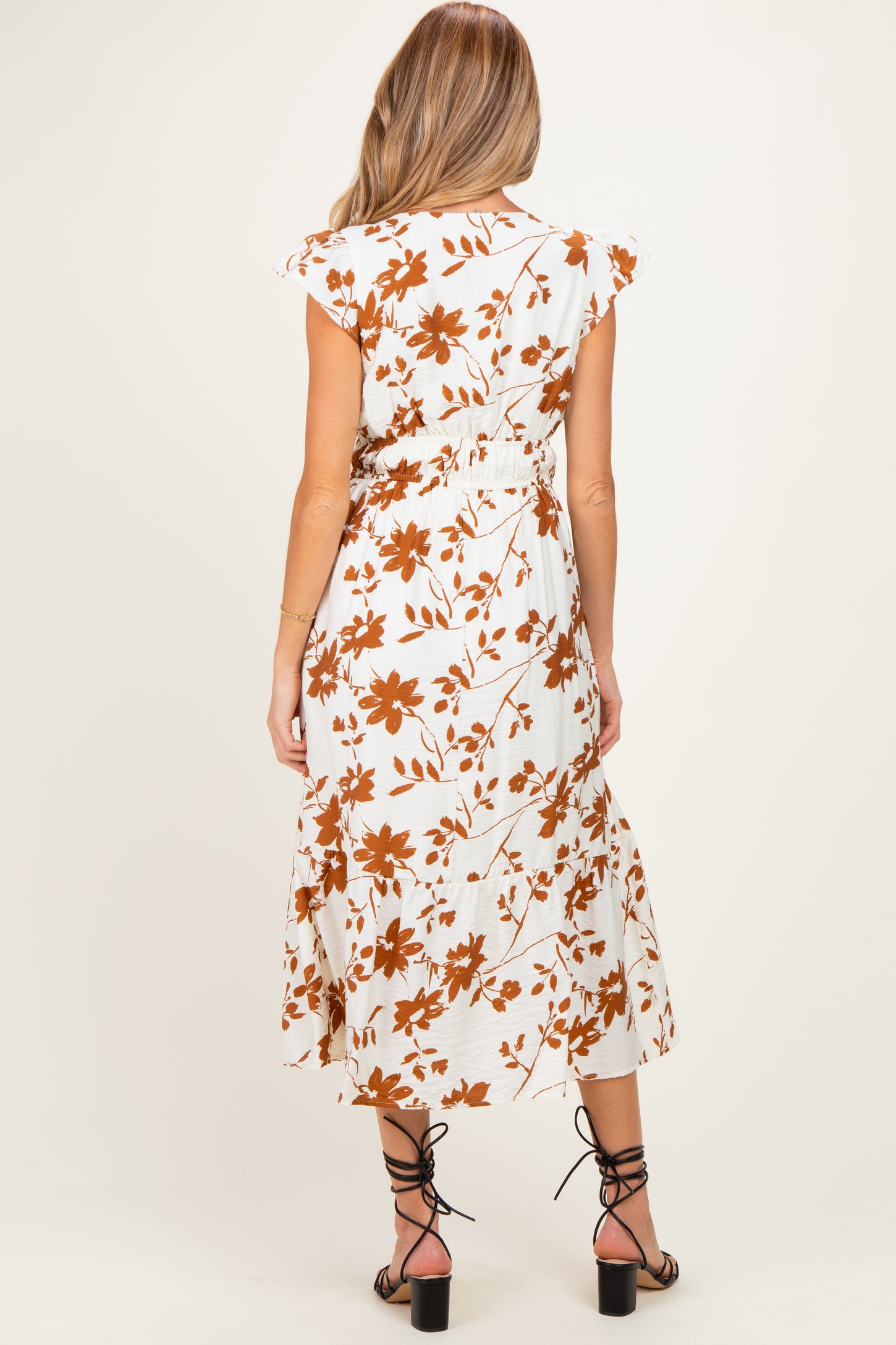 Brown Floral Button Detail Maternity Midi Dress