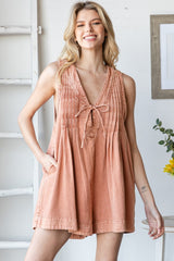 Brick Deep V-Neck Pleated Front Tie Sleeveless Romper
