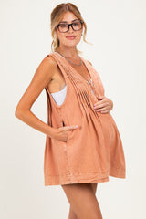 Brick Deep V-Neck Pleated Front Tie Sleeveless Maternity Romper