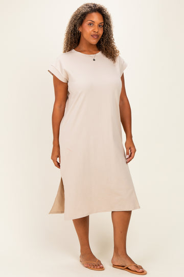 Beige Plus Round Neck Short Sleeve Midi Dress