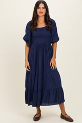 Navy Smocked Puffed Sleeve Maternity Maxi Dress
