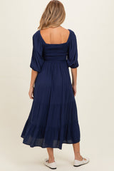 Navy Smocked Puffed Sleeve Maternity Maxi Dress