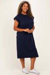 Navy Plus Round Neck Short Sleeve Midi Dress