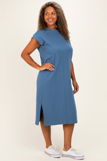 Blue Plus Round Neck Short Sleeve Midi Dress