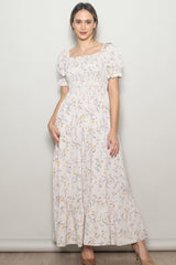 Cream Floral Ruffle Accent Smocked Maxi Dress