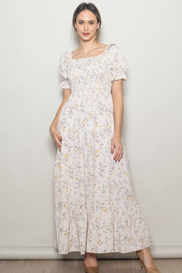 Cream Floral Ruffle Accent Smocked Maxi Dress