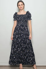 Black Floral Ruffle Accent Smocked Maternity Maxi Dress