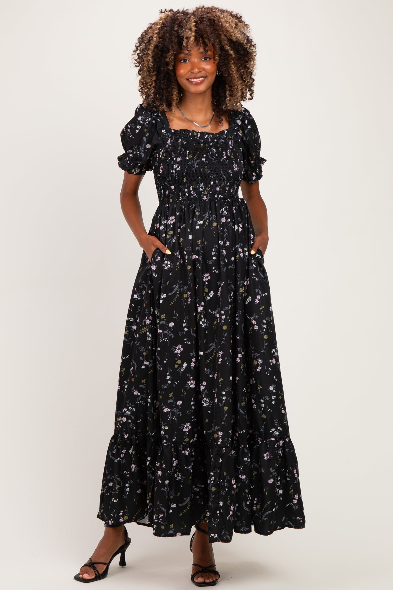 Black Floral Ruffle Accent Smocked Maternity Maxi Dress