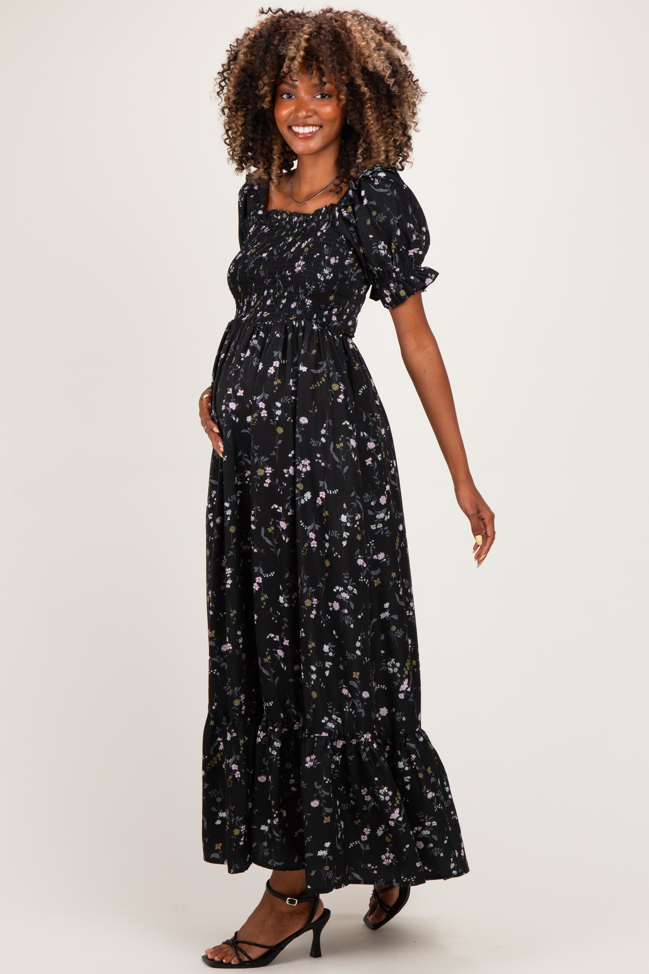 Black Floral Ruffle Accent Smocked Maternity Maxi Dress