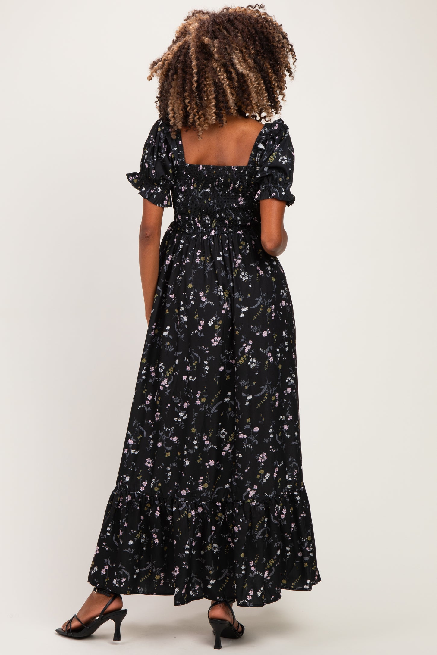 Black Floral Ruffle Accent Smocked Maternity Maxi Dress