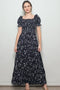 Black Floral Ruffle Accent Smocked Maxi Dress