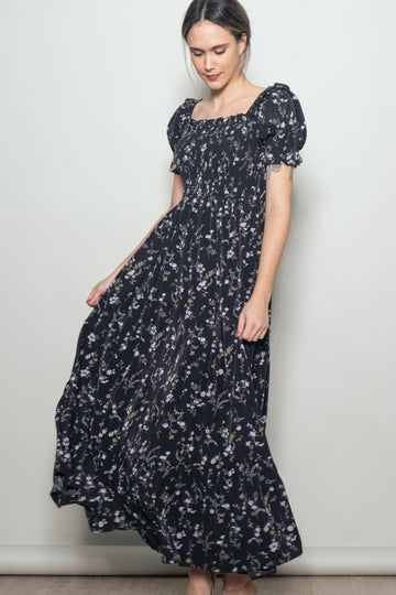 Black Floral Ruffle Accent Smocked Maxi Dress