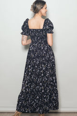 Black Floral Ruffle Accent Smocked Maxi Dress