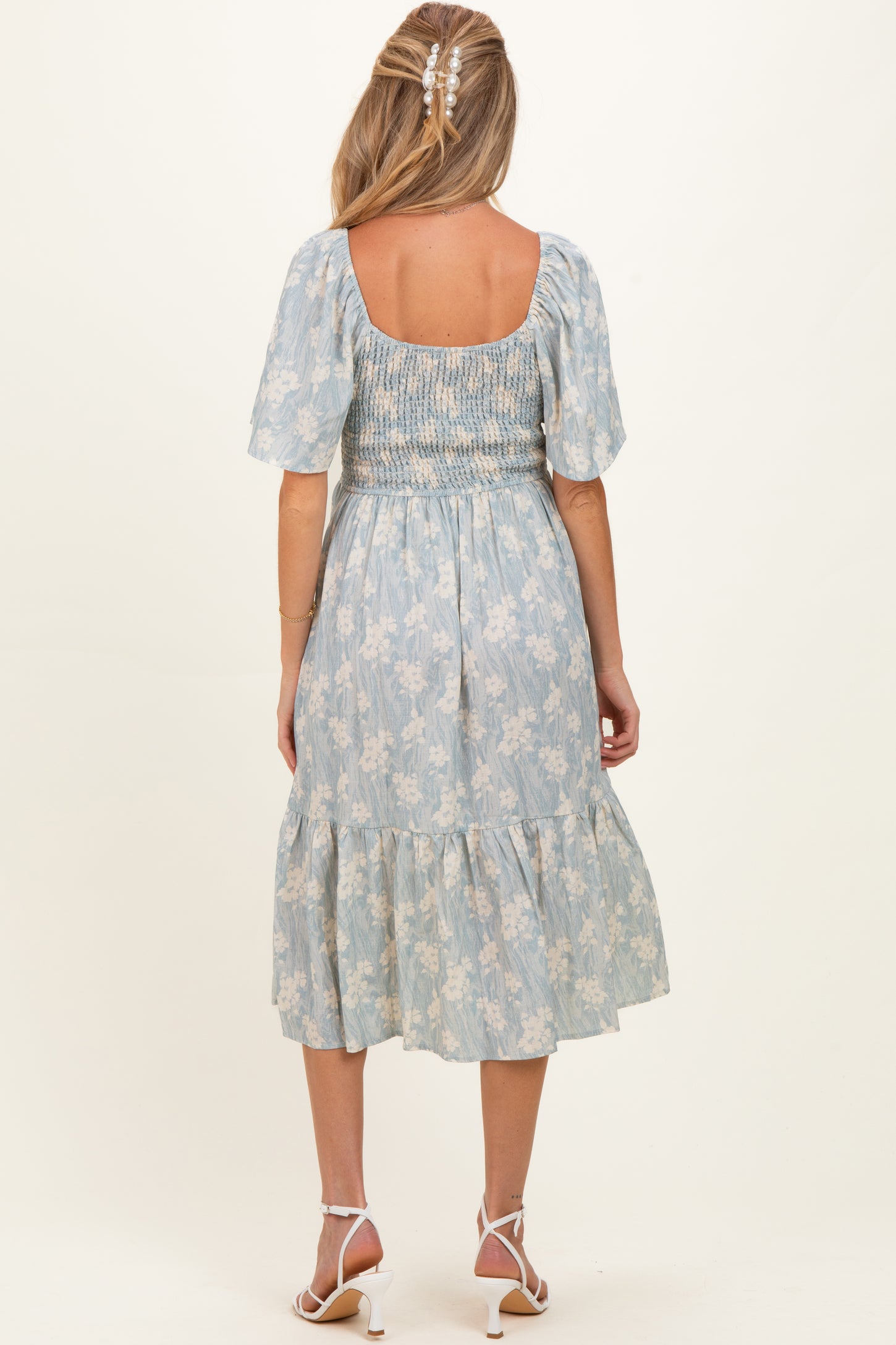Light Blue Floral Smocked Maternity Midi Dress