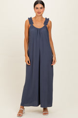 Navy Ruffle Strap Maternity Wide Leg Jumpsuit
