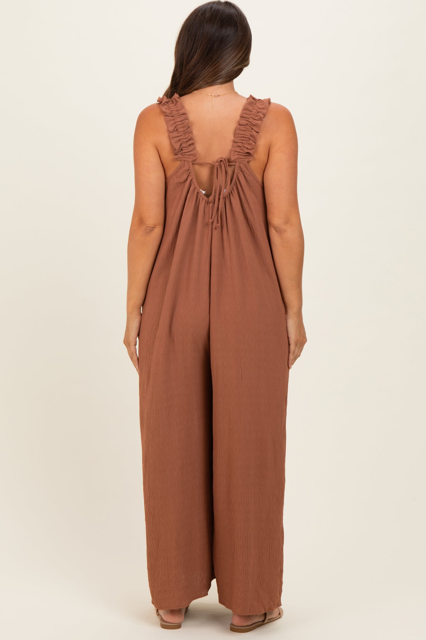 Cappucino Ruffle Strap Maternity Wide Leg Jumpsuit