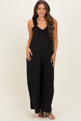 Black Ruffle Strap Maternity Wide Leg Jumpsuit