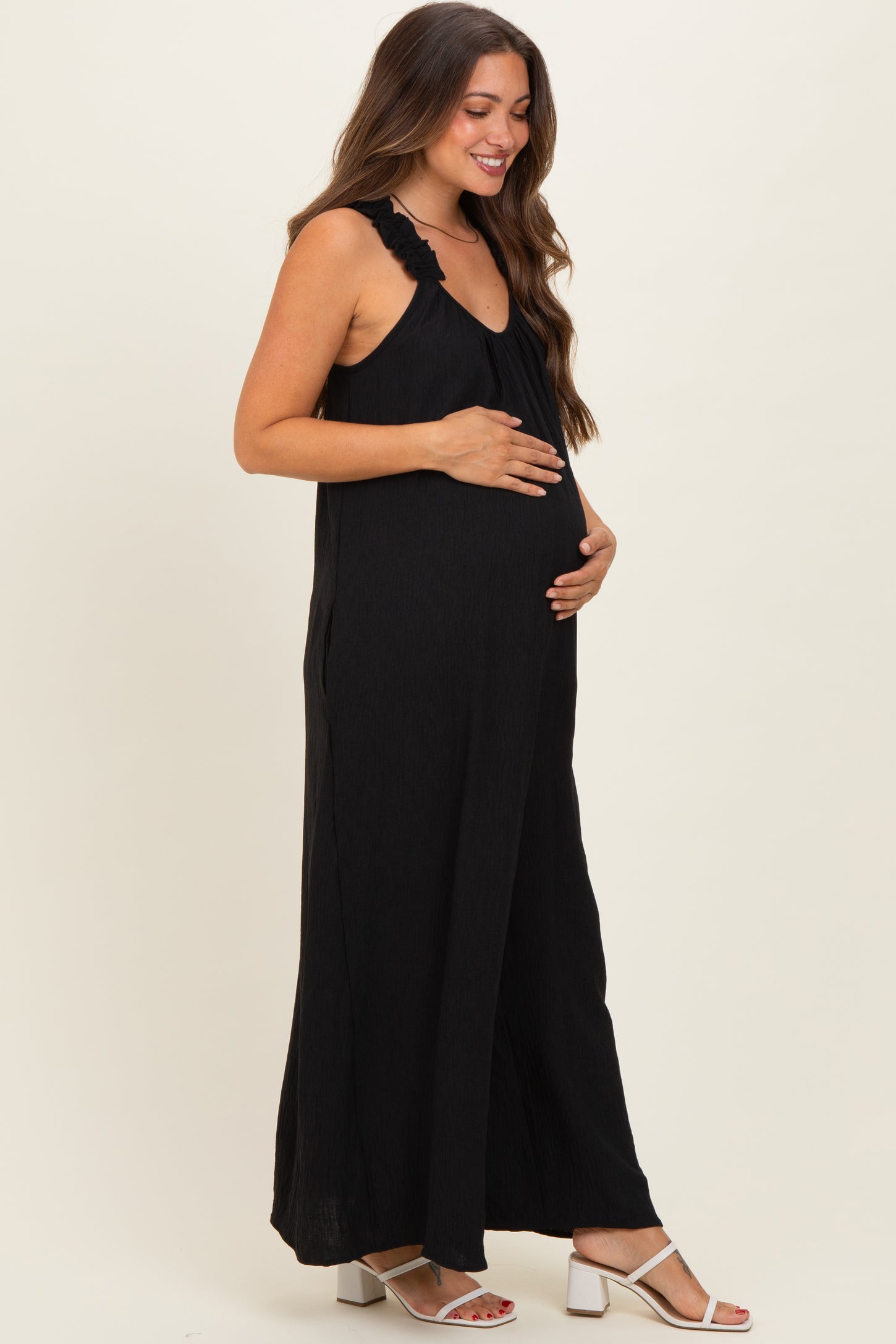 Black Ruffle Strap Maternity Wide Leg Jumpsuit