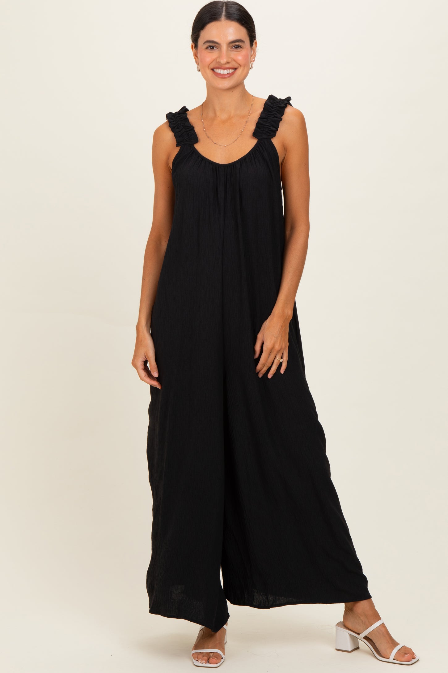 Black Ruffle Strap Maternity Wide Leg Jumpsuit
