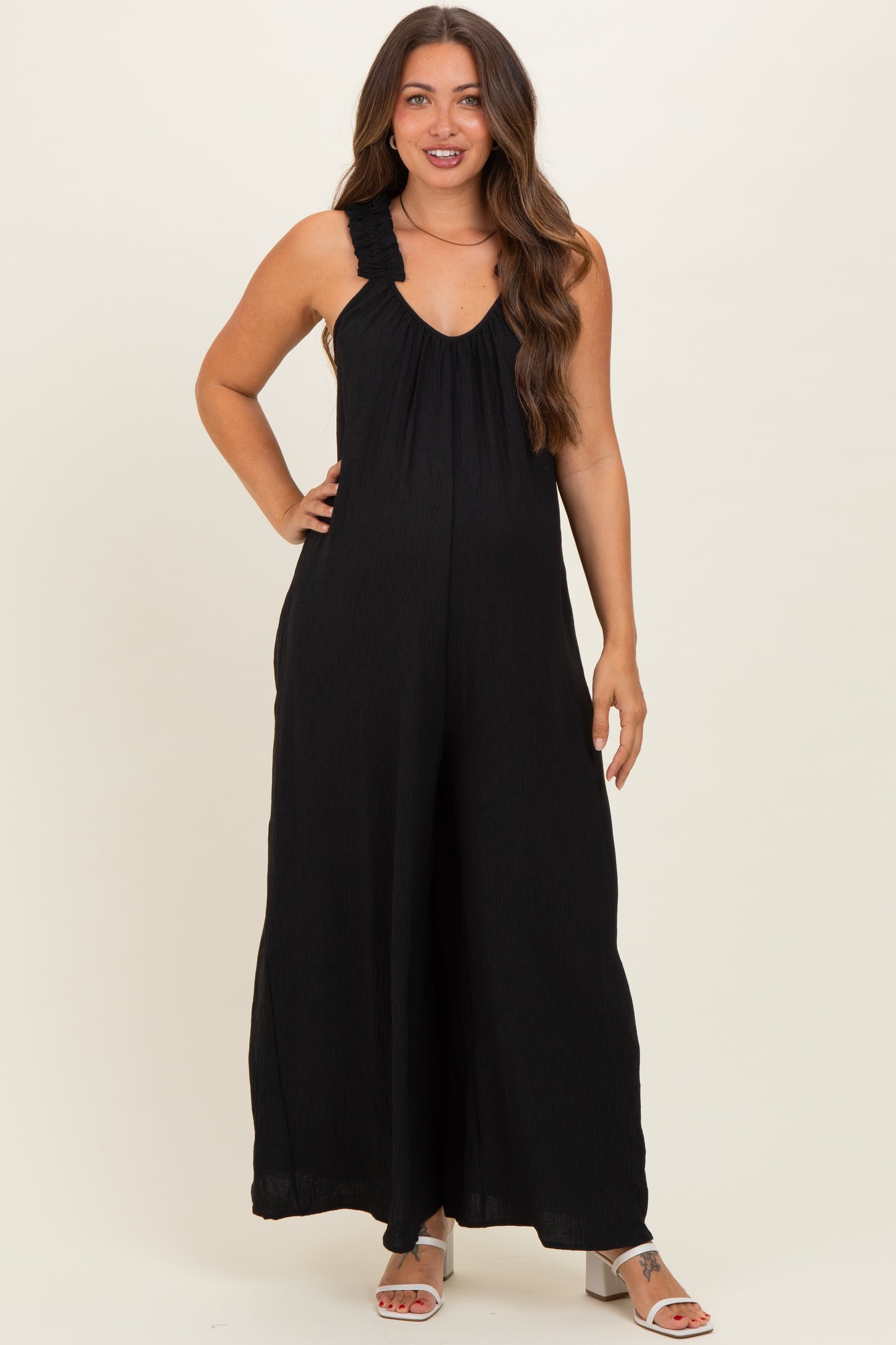 Black Ruffle Strap Maternity Wide Leg Jumpsuit