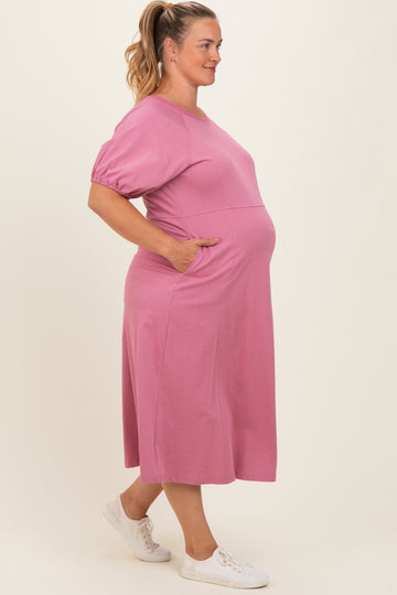 Pink Puff Sleeve Maternity Plus Midi Dress