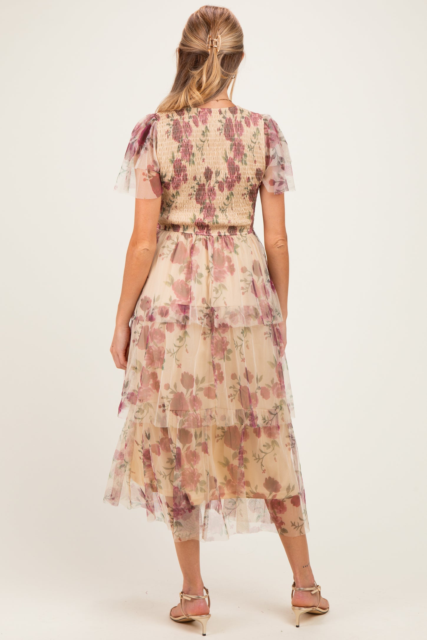 Yellow Floral Print Smocked Tiered Maternity Midi Dress